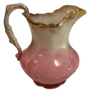 Vintage LaBelle China Pitcher Pink Raised Design Romantic 7” Tall Gold Gilt Vase